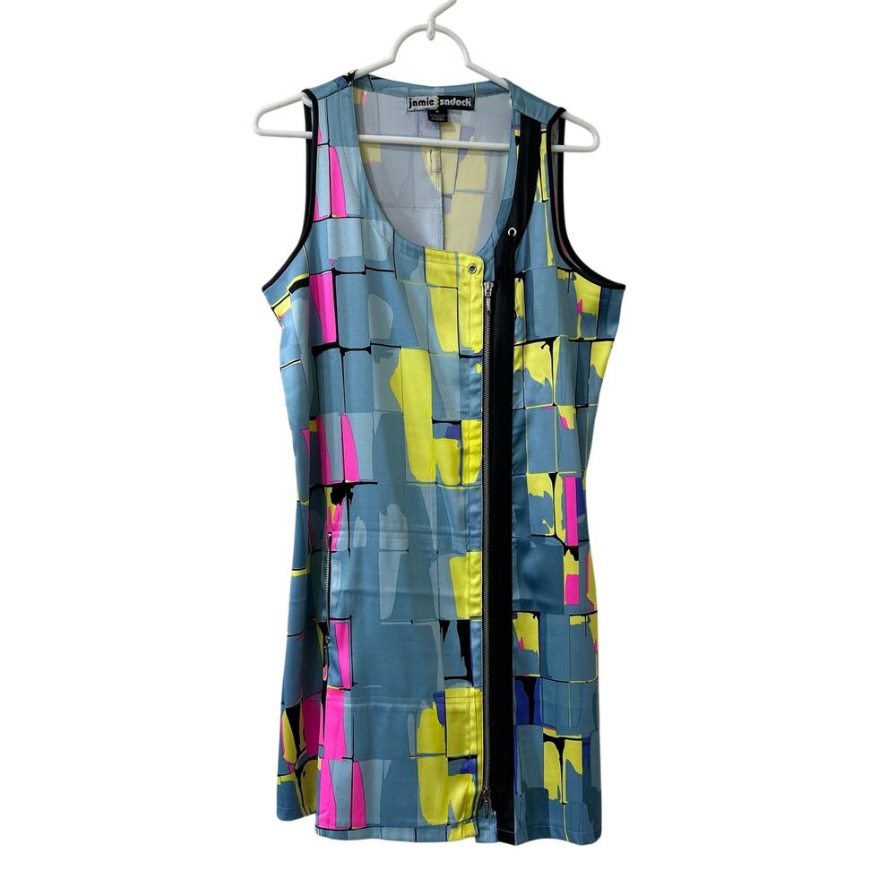 Jamie Sadock Womens Size Medium Blue Colorful Abstract Sleeveless Zip Dress Golf